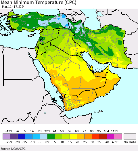 Middle East and Turkey Mean Minimum Temperature (CPC) Thematic Map For 3/11/2024 - 3/17/2024