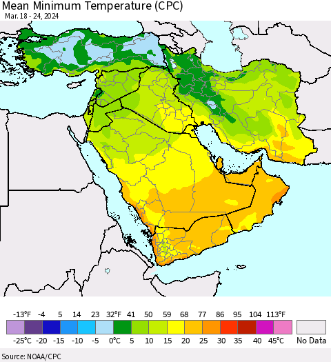 Middle East and Turkey Mean Minimum Temperature (CPC) Thematic Map For 3/18/2024 - 3/24/2024