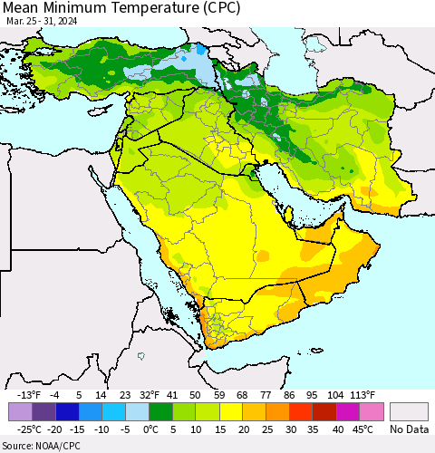 Middle East and Turkey Mean Minimum Temperature (CPC) Thematic Map For 3/25/2024 - 3/31/2024