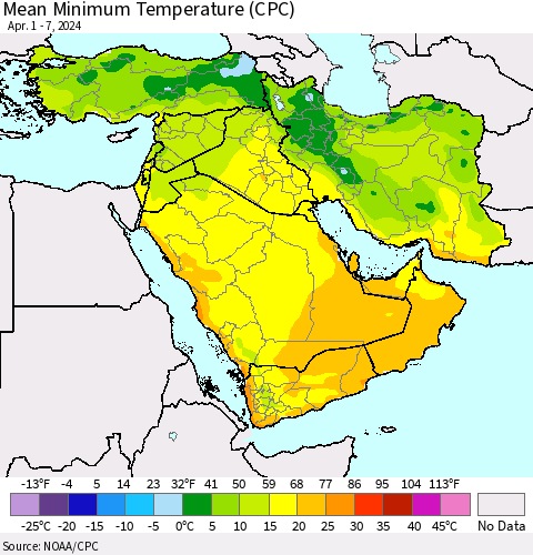 Middle East and Turkey Mean Minimum Temperature (CPC) Thematic Map For 4/1/2024 - 4/7/2024