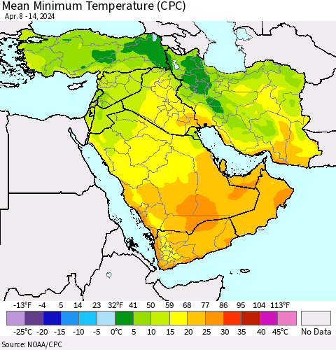 Middle East and Turkey Mean Minimum Temperature (CPC) Thematic Map For 4/8/2024 - 4/14/2024