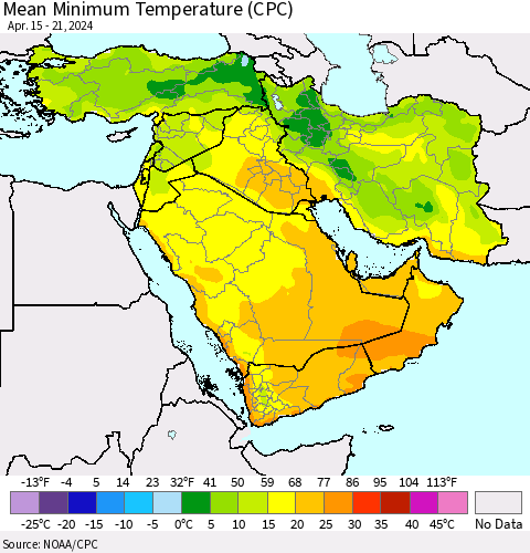 Middle East and Turkey Mean Minimum Temperature (CPC) Thematic Map For 4/15/2024 - 4/21/2024