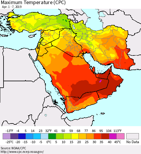Middle East and Turkey Mean Maximum Temperature (CPC) Thematic Map For 4/1/2019 - 4/7/2019
