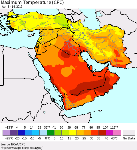 Middle East and Turkey Mean Maximum Temperature (CPC) Thematic Map For 4/8/2019 - 4/14/2019