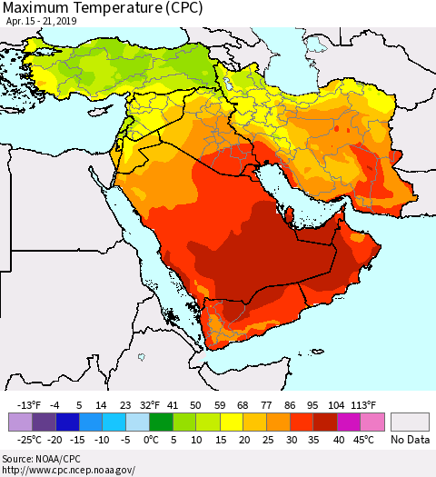 Middle East and Turkey Mean Maximum Temperature (CPC) Thematic Map For 4/15/2019 - 4/21/2019