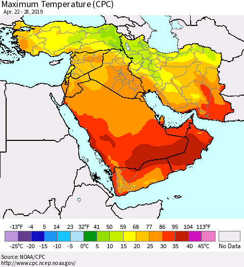 Middle East and Turkey Mean Maximum Temperature (CPC) Thematic Map For 4/22/2019 - 4/28/2019