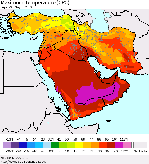 Middle East and Turkey Mean Maximum Temperature (CPC) Thematic Map For 4/29/2019 - 5/5/2019