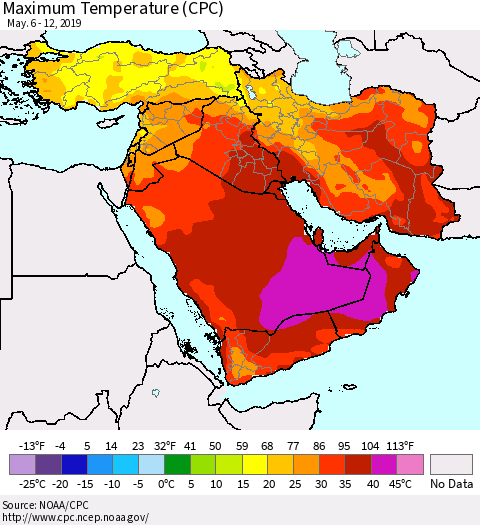 Middle East and Turkey Mean Maximum Temperature (CPC) Thematic Map For 5/6/2019 - 5/12/2019