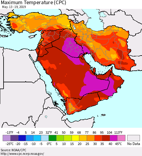 Middle East and Turkey Mean Maximum Temperature (CPC) Thematic Map For 5/13/2019 - 5/19/2019