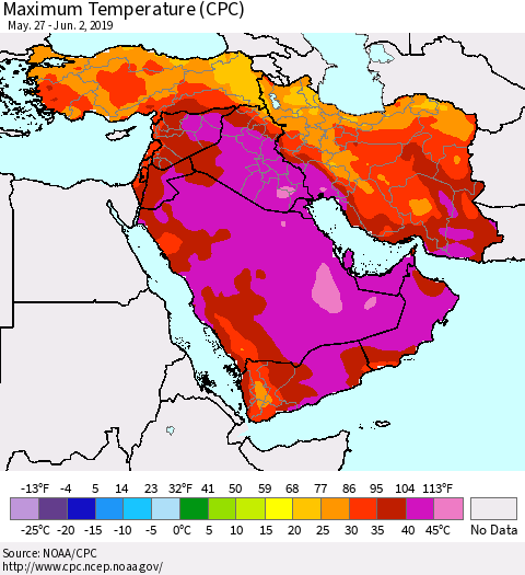 Middle East and Turkey Mean Maximum Temperature (CPC) Thematic Map For 5/27/2019 - 6/2/2019