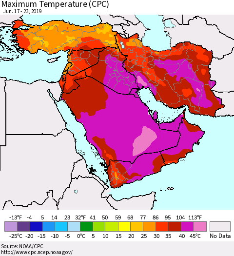 Middle East and Turkey Mean Maximum Temperature (CPC) Thematic Map For 6/17/2019 - 6/23/2019