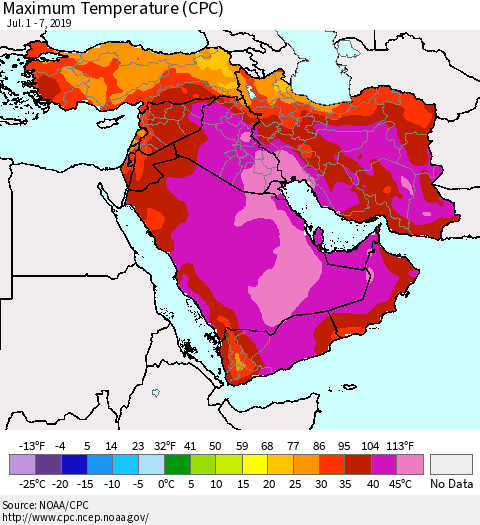 Middle East and Turkey Mean Maximum Temperature (CPC) Thematic Map For 7/1/2019 - 7/7/2019
