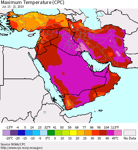 Middle East and Turkey Mean Maximum Temperature (CPC) Thematic Map For 7/15/2019 - 7/21/2019