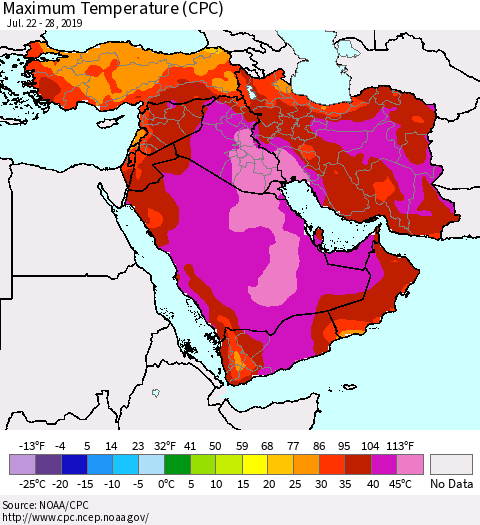 Middle East and Turkey Mean Maximum Temperature (CPC) Thematic Map For 7/22/2019 - 7/28/2019