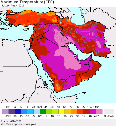 Middle East and Turkey Mean Maximum Temperature (CPC) Thematic Map For 7/29/2019 - 8/4/2019