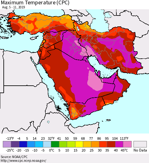 Middle East and Turkey Mean Maximum Temperature (CPC) Thematic Map For 8/5/2019 - 8/11/2019