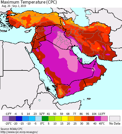 Middle East and Turkey Mean Maximum Temperature (CPC) Thematic Map For 8/26/2019 - 9/1/2019