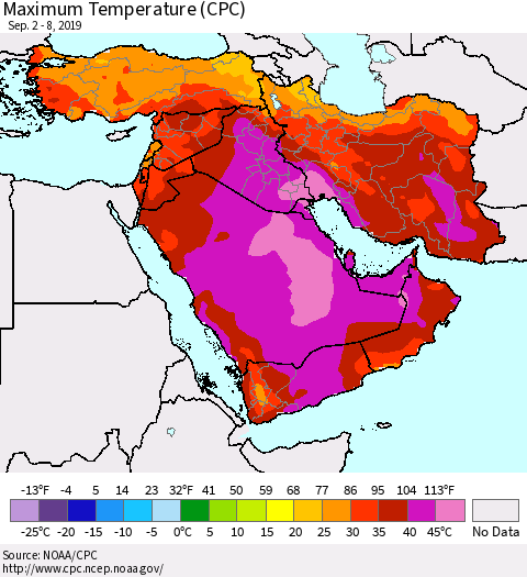 Middle East and Turkey Mean Maximum Temperature (CPC) Thematic Map For 9/2/2019 - 9/8/2019