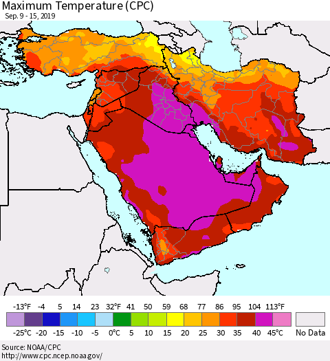 Middle East and Turkey Mean Maximum Temperature (CPC) Thematic Map For 9/9/2019 - 9/15/2019