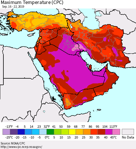 Middle East and Turkey Mean Maximum Temperature (CPC) Thematic Map For 9/16/2019 - 9/22/2019