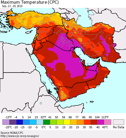 Middle East and Turkey Mean Maximum Temperature (CPC) Thematic Map For 9/23/2019 - 9/29/2019
