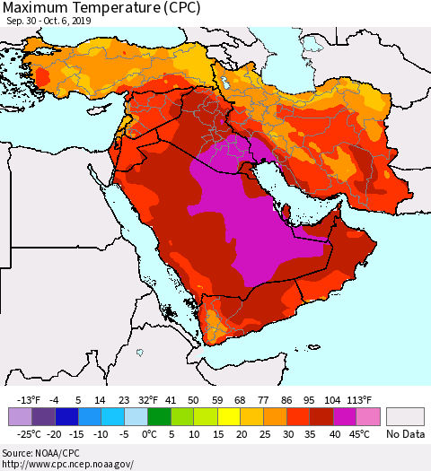 Middle East and Turkey Mean Maximum Temperature (CPC) Thematic Map For 9/30/2019 - 10/6/2019