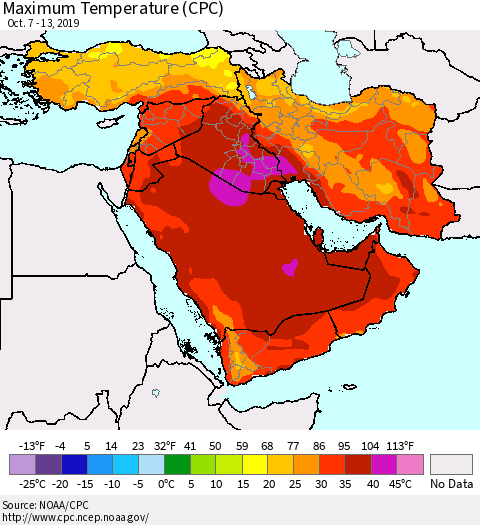 Middle East and Turkey Mean Maximum Temperature (CPC) Thematic Map For 10/7/2019 - 10/13/2019