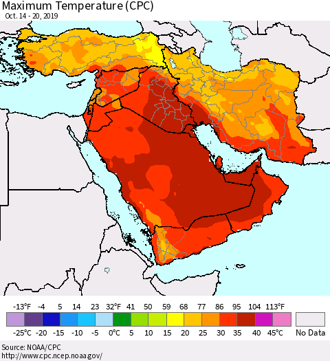 Middle East and Turkey Mean Maximum Temperature (CPC) Thematic Map For 10/14/2019 - 10/20/2019
