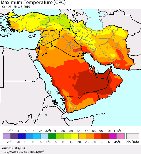 Middle East and Turkey Mean Maximum Temperature (CPC) Thematic Map For 10/28/2019 - 11/3/2019