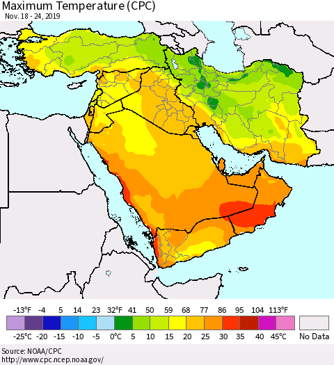 Middle East and Turkey Mean Maximum Temperature (CPC) Thematic Map For 11/18/2019 - 11/24/2019