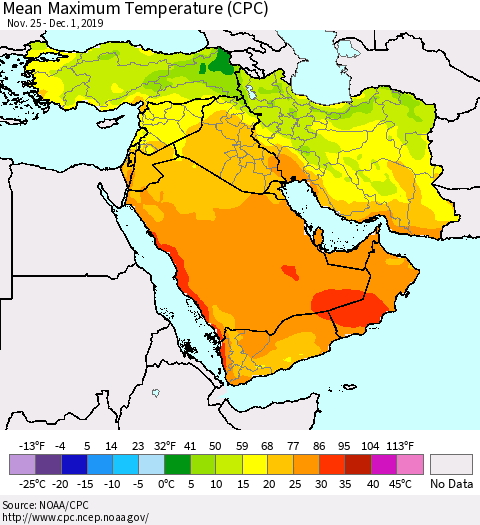 Middle East and Turkey Mean Maximum Temperature (CPC) Thematic Map For 11/25/2019 - 12/1/2019