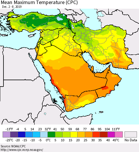 Middle East and Turkey Mean Maximum Temperature (CPC) Thematic Map For 12/2/2019 - 12/8/2019