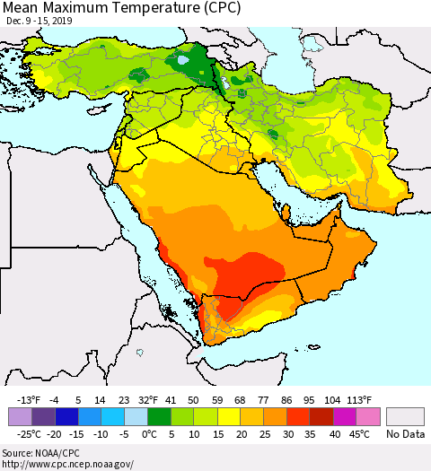 Middle East and Turkey Mean Maximum Temperature (CPC) Thematic Map For 12/9/2019 - 12/15/2019