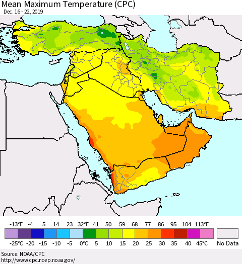 Middle East and Turkey Mean Maximum Temperature (CPC) Thematic Map For 12/16/2019 - 12/22/2019