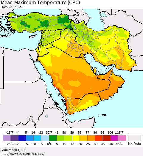 Middle East and Turkey Mean Maximum Temperature (CPC) Thematic Map For 12/23/2019 - 12/29/2019