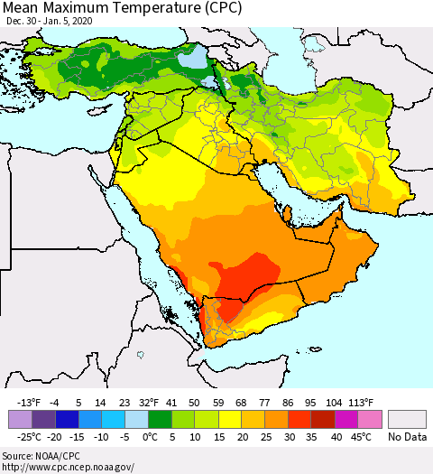 Middle East and Turkey Mean Maximum Temperature (CPC) Thematic Map For 12/30/2019 - 1/5/2020