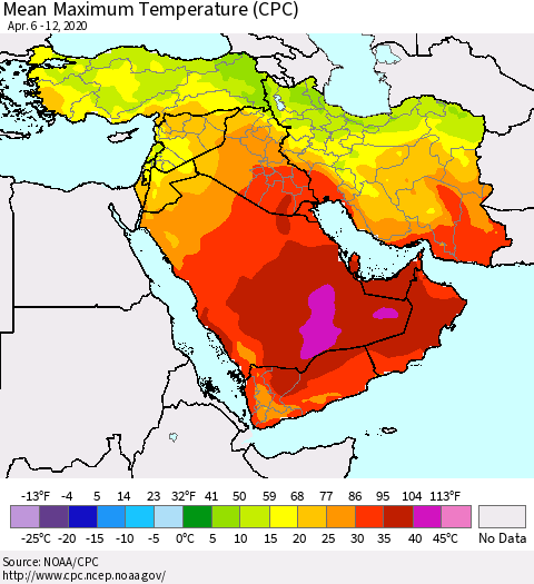 Middle East and Turkey Mean Maximum Temperature (CPC) Thematic Map For 4/6/2020 - 4/12/2020