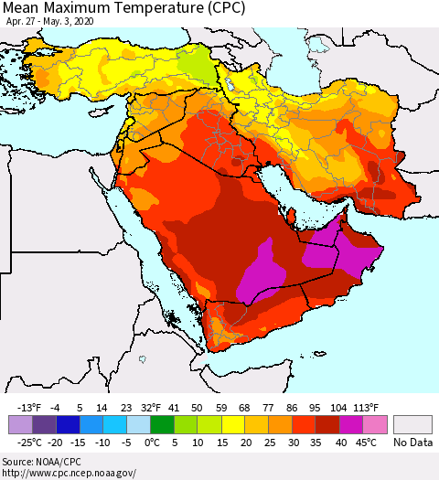 Middle East and Turkey Mean Maximum Temperature (CPC) Thematic Map For 4/27/2020 - 5/3/2020