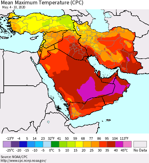 Middle East and Turkey Mean Maximum Temperature (CPC) Thematic Map For 5/4/2020 - 5/10/2020