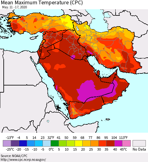 Middle East and Turkey Mean Maximum Temperature (CPC) Thematic Map For 5/11/2020 - 5/17/2020