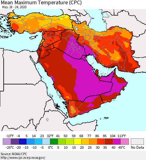Middle East and Turkey Mean Maximum Temperature (CPC) Thematic Map For 5/18/2020 - 5/24/2020