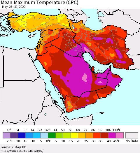 Middle East and Turkey Mean Maximum Temperature (CPC) Thematic Map For 5/25/2020 - 5/31/2020