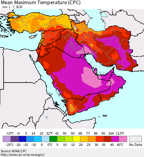 Middle East and Turkey Mean Maximum Temperature (CPC) Thematic Map For 6/1/2020 - 6/7/2020