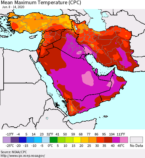 Middle East and Turkey Mean Maximum Temperature (CPC) Thematic Map For 6/8/2020 - 6/14/2020
