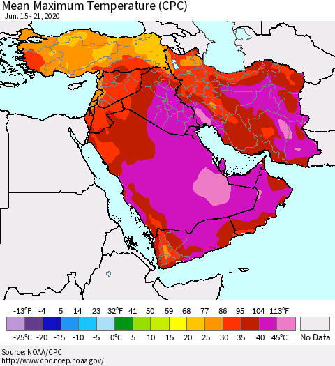 Middle East and Turkey Mean Maximum Temperature (CPC) Thematic Map For 6/15/2020 - 6/21/2020
