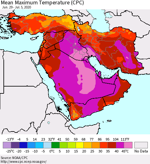 Middle East and Turkey Mean Maximum Temperature (CPC) Thematic Map For 6/29/2020 - 7/5/2020