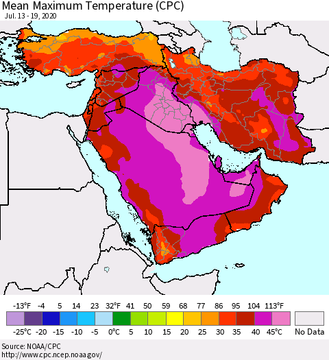 Middle East and Turkey Mean Maximum Temperature (CPC) Thematic Map For 7/13/2020 - 7/19/2020