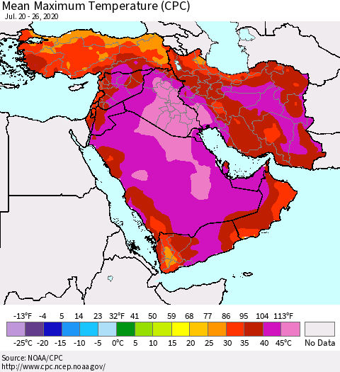 Middle East and Turkey Mean Maximum Temperature (CPC) Thematic Map For 7/20/2020 - 7/26/2020