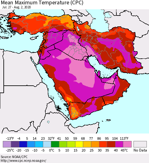 Middle East and Turkey Mean Maximum Temperature (CPC) Thematic Map For 7/27/2020 - 8/2/2020
