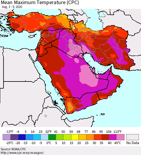 Middle East and Turkey Mean Maximum Temperature (CPC) Thematic Map For 8/3/2020 - 8/9/2020